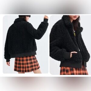 Zara Black Sherpa Full Zip Fleece Bomber Jacket Size S